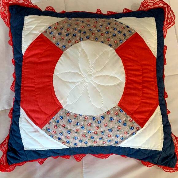 Handmade Vintage Blue & Red Quilted Accent Pillow with Lace Border - Picture 3 of 9